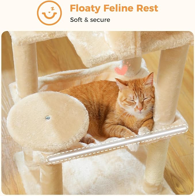 MUTTROS Cat Tree for Indoor Cats, 44.5" Multi-Level Cat Tower with Large Metal Frame Hammock, Cat Condo with 2 Scratching Posts and Top Perch for Small to Medium Cats, Beige