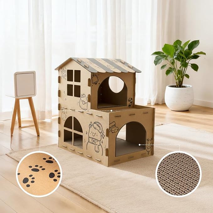 Two-Story‌ Cardboard Cat House with Scratching Pad, Hideout Kitten Bed Scratcher for Indoor Cats, Durable Cat Play House with Multiple Entrances and Windows, Corrugated Cardboard Construction