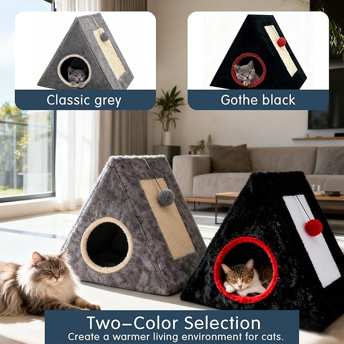 Cat Beds for Indoor - 2 in 1 Cat Cave House Tent for Kittens and Small Pets with Fluffy Ball Hanging and Scratch Pad,Foldable Kitten Hideaway with Non-Slip Bottom, Grey, 17 inches