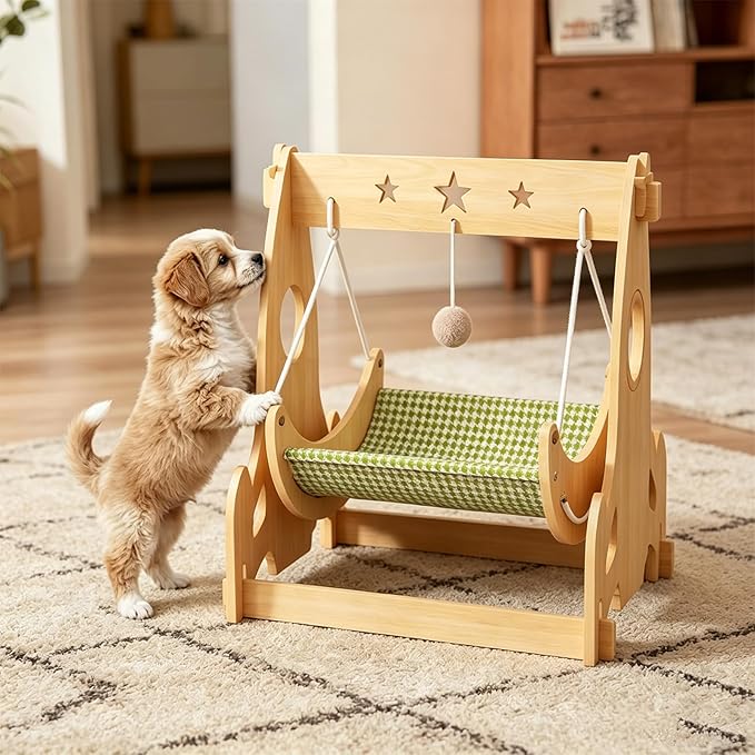 Cat Hammock Bed with Summer Linen & Winter Plush Dual Mats, Hanging Toy, Sturdy Wood Frame for Indoor Cats Small Dogs, 21.6" L x 18.9" W x 23.6" H