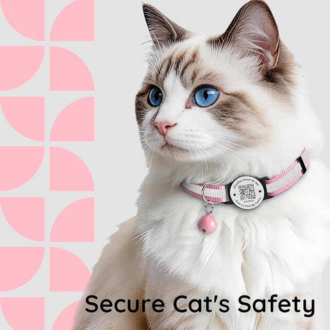 Breakaway Cat Collar with Safety Bell & Reflective Strips | QR Code ID Tag & Name Plate | Adjustable for Kittens Pink