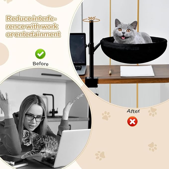 Desk Cat Bed Hammock, 360 Rotating Cat Nest Seat, Space Saving Pet Bed Mounted On Table with Washable Cushion Cover, Modern Cats Furniture for Home Office Setup Desktop Use