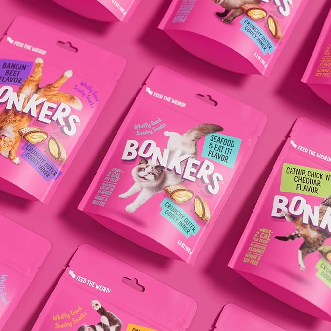 Bonkers Bites Seafood & Eat It Flavor Crunchy & Soft Treats for Cats, 3oz Bag (Pack of 10)
