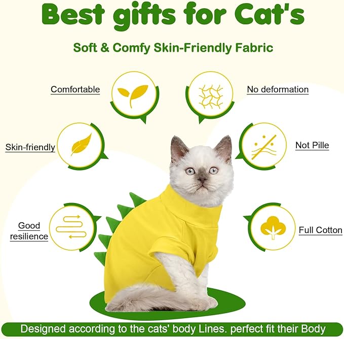 DENTRUN Sphynx Cat Clothes, Cute Dinosaur Design Hairless Cat Costume, Breathable Cotton Shirts Cat Clothes for Cats Only, Round Collar Kitten Daily T-Shirts with Sleeves, Cats Funny Cosplay Apparel