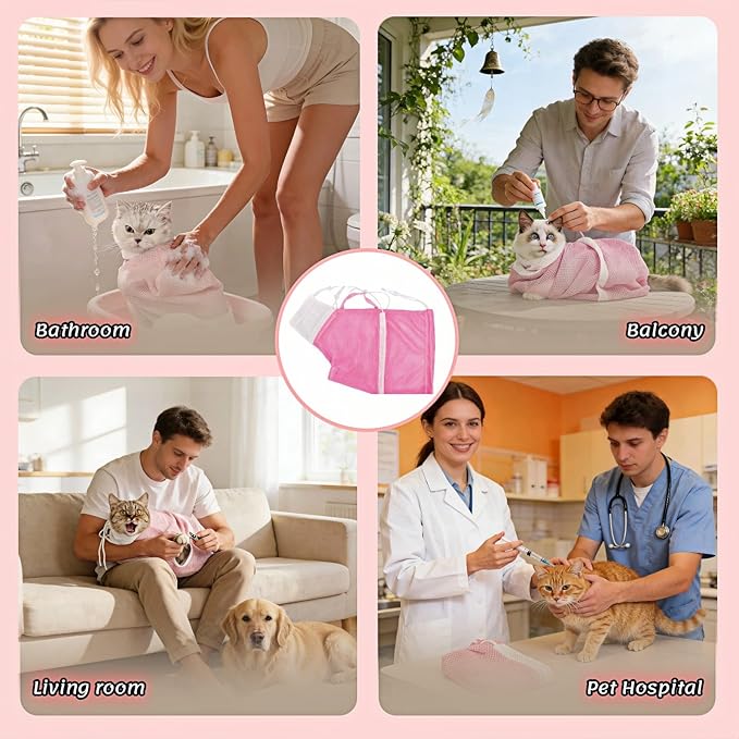 Cat Grooming Restraint Bag with Adjustable Drawstrings, Pink Mesh Bath Bag for Bathing, Nail Trimming, Ear Cleaning, Breathable Polyester with Zipper Design and Handheld Design
