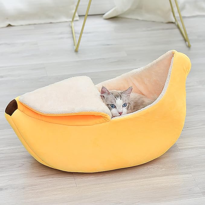 DULRLLY Banana Cat Bed,Creative Banana Shape Cat Bed for Indoor Cats Cute Cat Bed with Removable Pad Soft Plush Self Warming Cat Sleeping Bed for Winter Dogs and Cats Warm House Bed(S)