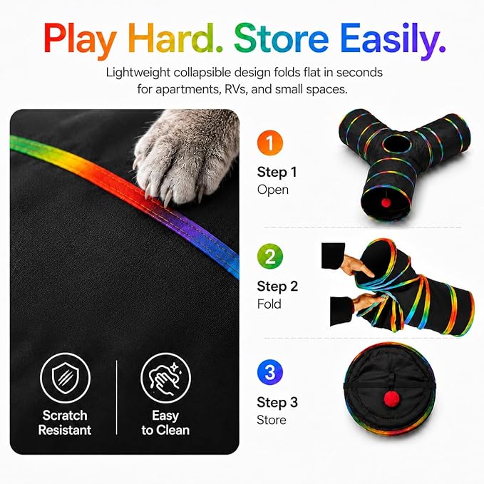 Cat Tunnels Tube Toy with Plush Ball & Cat Wand Feather Toys-Portable Tattaff Waterproof Washable-Interesting Geometric Pattern Collapsible-3 Way Black Rainbow