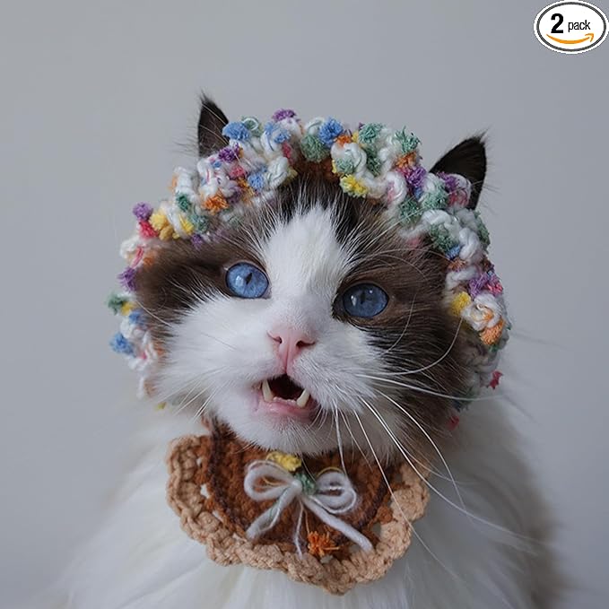 Cute Flower Cat Hat Crochet Collar, Birthday Party Kitten Costume for Puppy, Pet and Small Animals(Brown, Small)