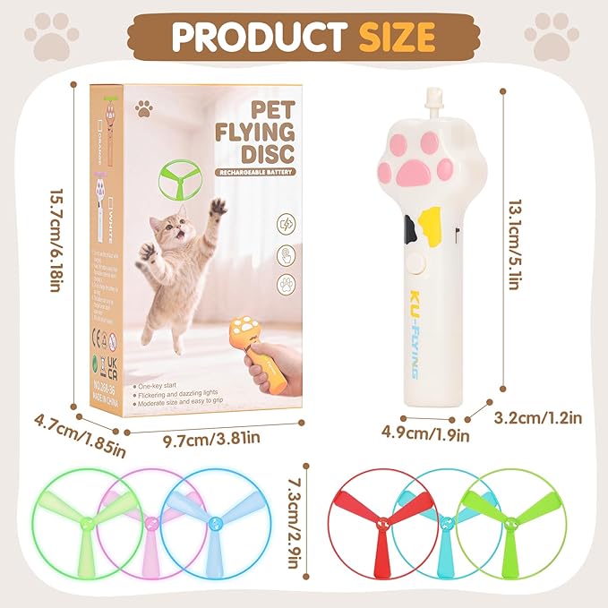 Cat Fetch Toy, Rechargeable Flying Disc Launcher with 6 Flying Discs, Cat Interactive Hunting Toys for Outdoor & Indoor (White)