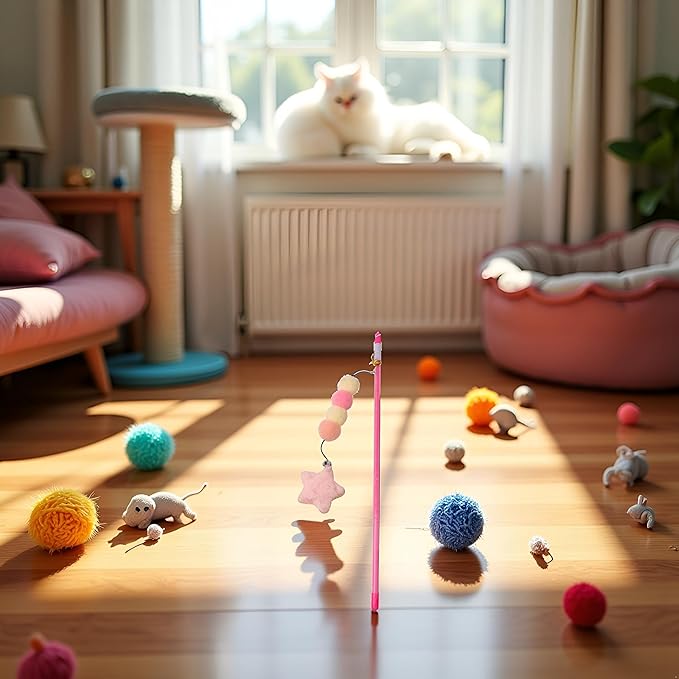 BWESOO Pink Cat Stick Toy Elastic Rope Plush Ball Star Pendant Bite-Resistant Comfortable Grip Relieve Boredom Handmade Kitten Teaser Wand Cat Mice and Animals Toys