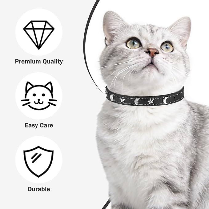 Leather Cat Collars for Boy Girl Cats with Bell and Safety Elastic Belt, Personalized Star and Moon Stud Adjustable Safe Buckle Collar for Kitty Small Big Cats Size 8-12 Inch, Black