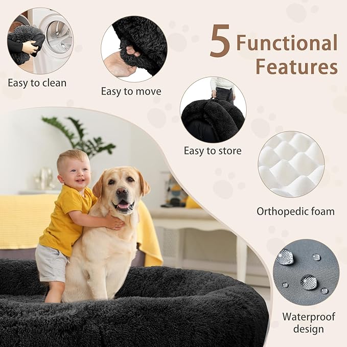 ROOMTEC Human Dog Bed, 71''x45''x12'' Size Fits Adult Pet Washable Oversize People Bed 10 CM Thick Memory Foam Large Giant Pet Bed with Plump Pillow, Blanket, Strap - Black