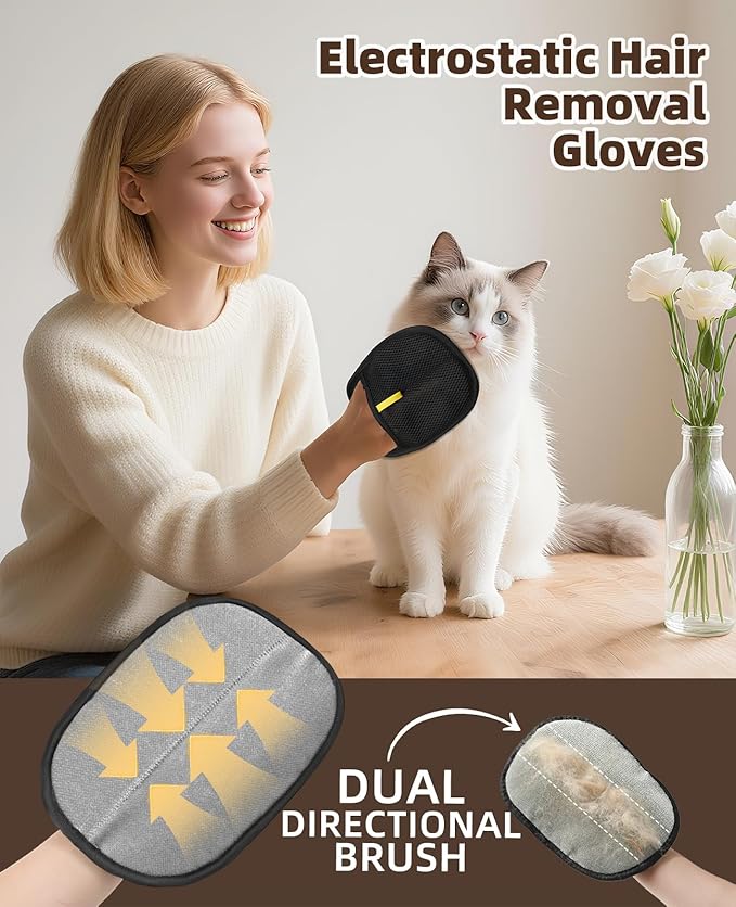 Dogs and Cats Hair Removal Gloves Tools,Pet Hair Grooming Brush Reusable with Electrostatic Tech, for Carpet, Couch, Furniture 3PCs/Pack