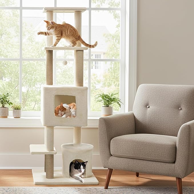 Tangkula 64 Inch Tall Cat Tree, Multi-Level Cat Tower with 2 Large Condos, Jute Scratching Posts, Plush Top Perch, Dangling Toys, Cat Climbing Furniture for Indoor Adult Cats & Kittens (Beige)