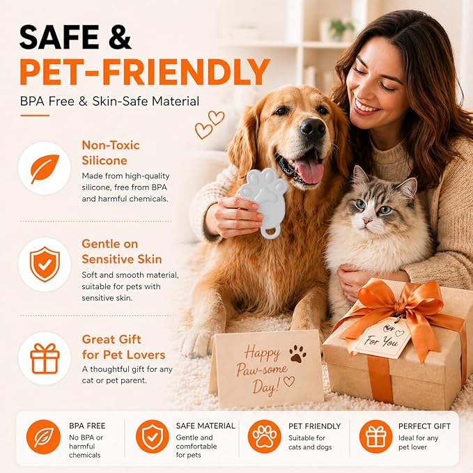 Cat Brush Silicone Pet Grooming Brush for Cats & Dogs, Soft Flexible Deshedding for Removing Loose Fur, Easy to Clean, Waterproof, for Short & Long Hair, Orange White Gray (White)