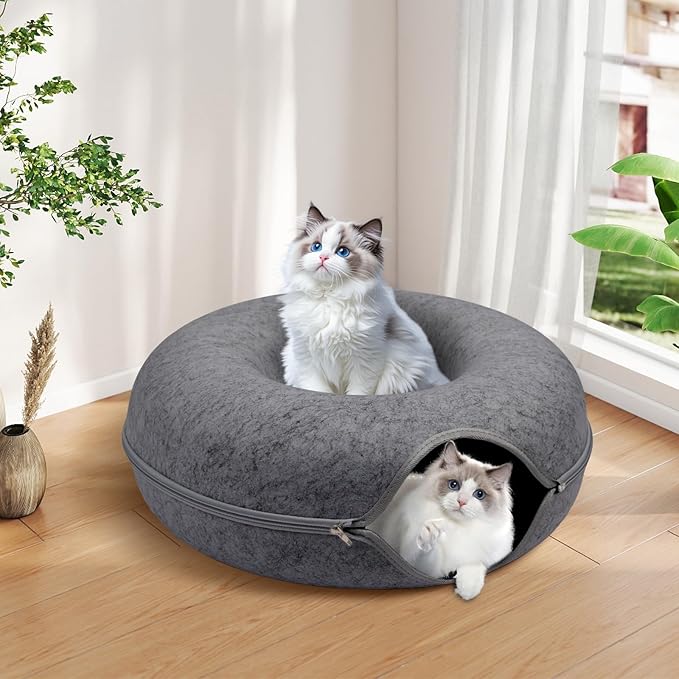 Cat Caves for Indoor Cats, Large Cat Tunnel for Multiple & Large Cats, Scratch Detachable Peekaboo Cat Cave Bed, Kitten Donut Kitty Hideaway Up to 45 Lbs