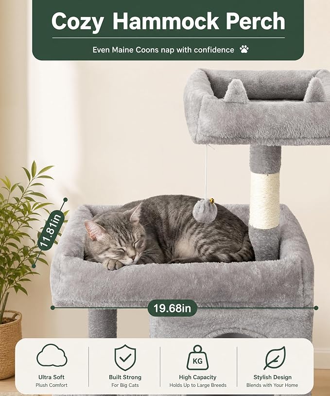 68 Inches Heavy Duty Cat Tree for Indoor Cat, Big Cat Tower with Sisal Scratching Posts and Top Perch, Large Platform for Adult Cats, PMT02GY, Grey