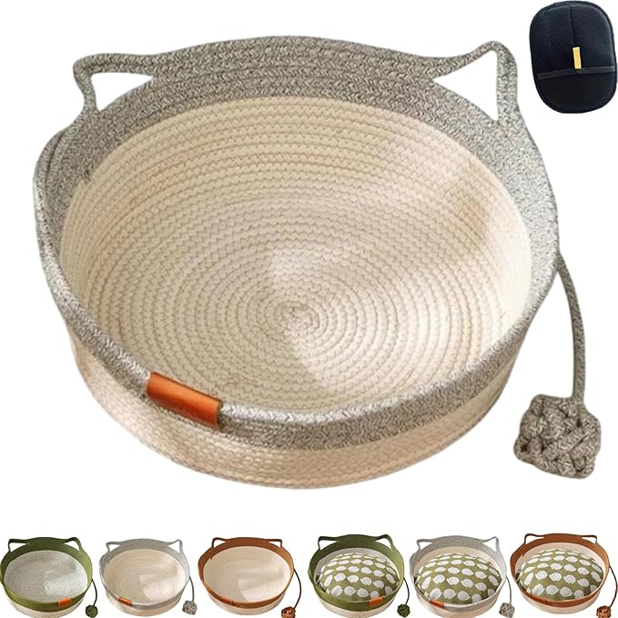 Cotton Rope Woven Cat Basket, Pets Hand Woven Cotton Bed Basket, Round Cat Sleeping Nest with Built-in Scratching Pad and Play Ball for Cats and Dogs All-Season (Gray-A, Medium)