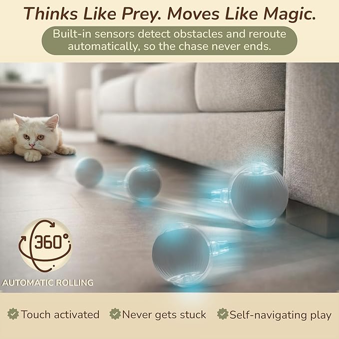 Smart Ball 2.0 - Automatic Cat Toy & Interactive Dog Toys for Small Dogs - Moving Cat Toy Ball for Indoor Cats - Motion Activated, Light Up, USB-C Rechargeable Pet Toy, 2 Speed Modes [Gray]