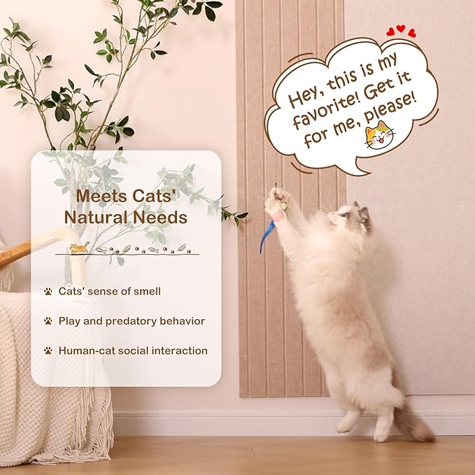 Cat Wand Toy – Retractable Wand with 4 Feather Toy Refills for Indoor Cats Enrichment, Interactive Cat Toy for Bored Adult Cats and High-Energy Kittens (HuntMaster)