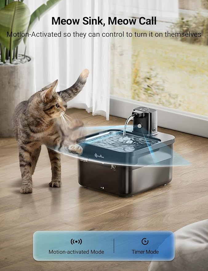 DownyPaws Cat Water Fountain Cordless, 84oz/2.5L Fursink Wireless Pet Water Fountains for Cats Indoor, Battery Operated Cat Drinking Fountain with Motion Sensor, BPA-Free, Black Pro with 6 Filters