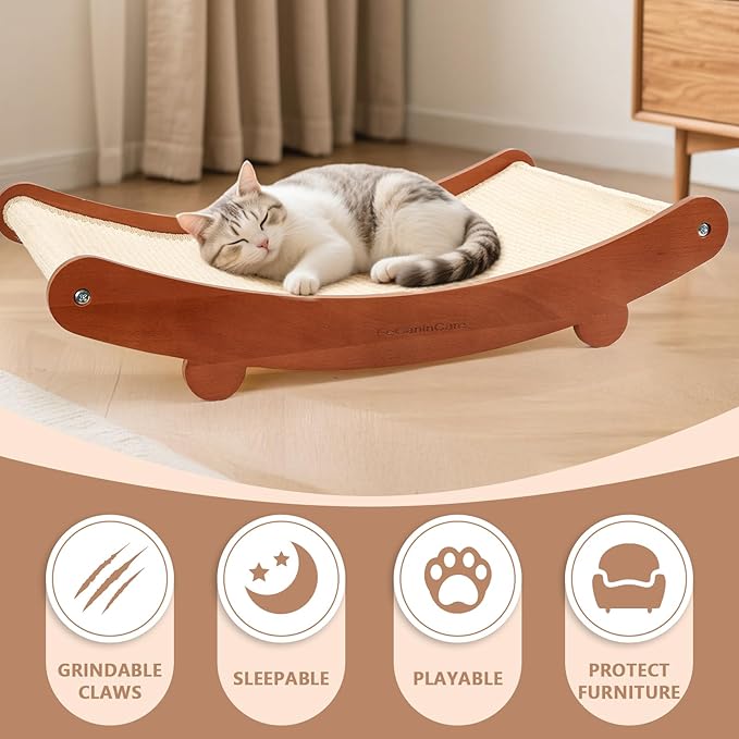 Cat Scratcher Bed, Beech Wood Cats Hammock,Cat Scratch Pad Indoor cat Toy,Durable Scratching Post, Furniture Protector for Cats' Clawing and Play (Cherry Wood)