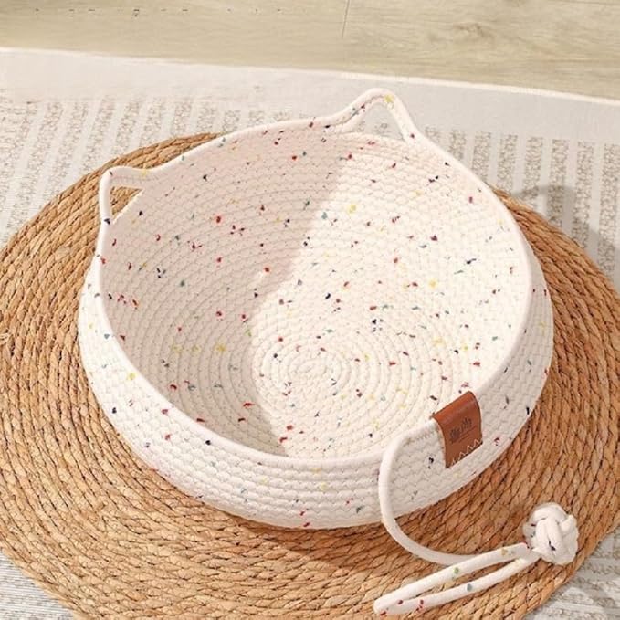 Hand Woven Cat Bed with Toy Tail Natural Cotton Rope Cat Scratch Pad Cozy Cat Scratching Mat with Cat Ball Toy Cat Furniture Protector for Wall, Couch, Carpets, Sofas （White） (White)