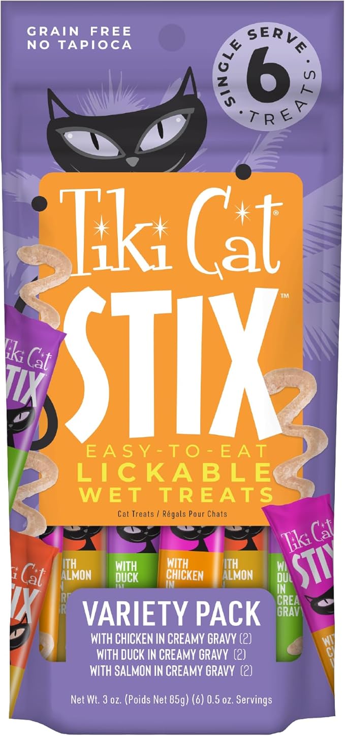 Tiki Cat Stix Mousse Treats, Single Serve Indulgent Lickable Treat or Dry Food Topper, Variety Pack with Salmon, Chicken, and Tuna, 3 oz. Pouch