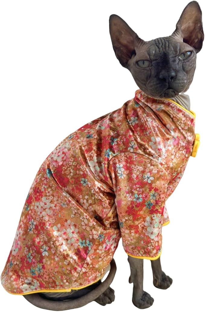 Traditional Culture Sphynx Hairless Cat Cotton T-Shirts Cats Clothes Pet Sweater Cat Vest Pet Clothes Kitten Shirts Small Dogs Apparel (Gypsophila, XXL (13-15 lbs))