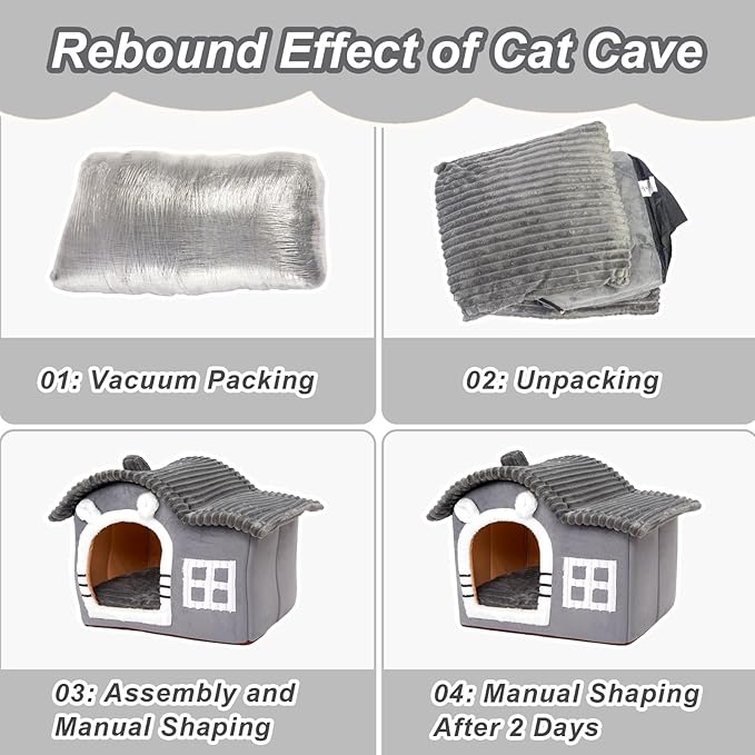 Jiupety Bear Cat Houses for Indoor Cats, Chimney Cute Cat Bed Cave, Enough Interior Space, Cartoon Soft Pet House Up to 3-10 lbs Kitten, Gray