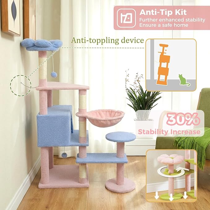 Flower Cat Tree 56 Inches，Large Cat Tower with Detachable Flower Cushions and Hiding Condo, Blue and Pink Cat Tree with Hammock Bed, Interactive Toys and Scratching Posts for Indoor Cats