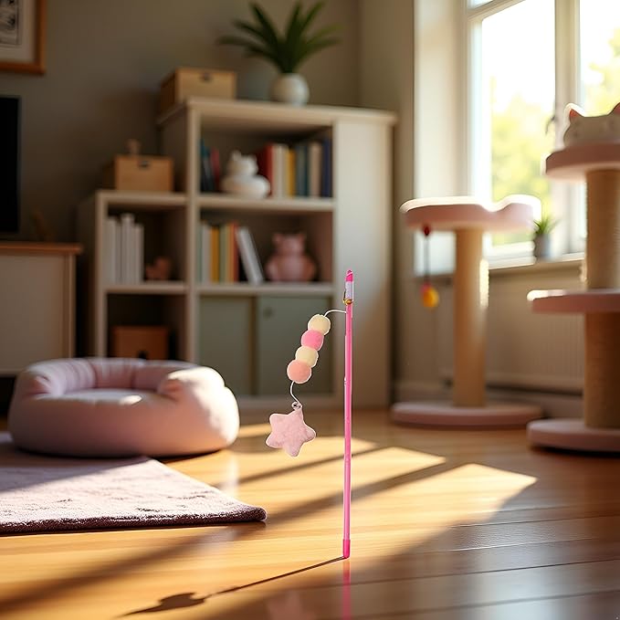 BWESOO Pink Cat Stick Toy Elastic Rope Plush Ball Star Pendant Bite-Resistant Comfortable Grip Relieve Boredom Handmade Kitten Teaser Wand Cat Mice and Animals Toys