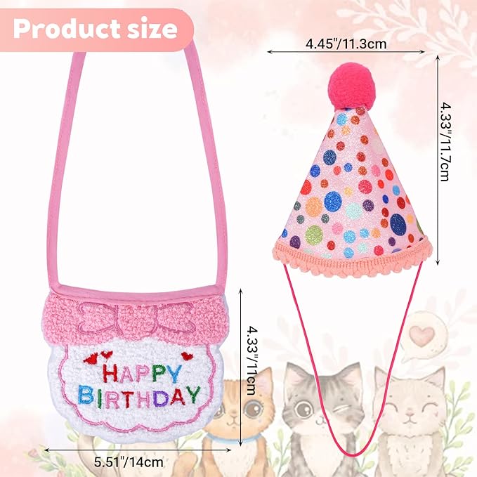 Cat Birthday Outfit, Cat Birthday Bandana and Hat Set with Number Kitten Birthday Costume, Cute Pet Birthday Party Decoration Outfits for Pet Cats Supplies (Pink)