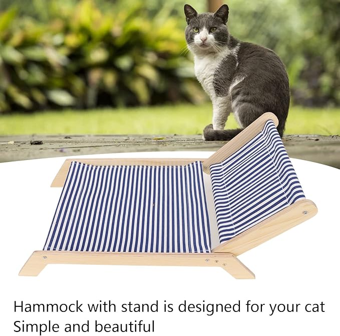 Cat Hammock Bed with Wooden Frame, Anti Shaking Swing Chair for Cats, Premium Sisal and Canvas Raised Sleeping Bed with Scratcher, Minimalist Design Pet Furniture for All Seasons (Beach Chair)