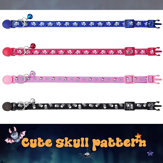 Weewooday 4 Pieces Goth Cat Collar Set Adjustable Kitten Skull Collar with Bell Charm Breakaway Multicolor Halloween Cat Outfit with Skull Patterns for Kitten