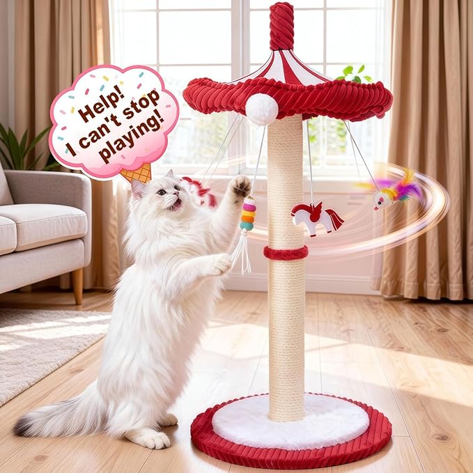 Carousel Interactive Cat Toys for Indoor Cats, 39" Tall Cat Scratching Posts for Indoor Cats Adults with Rotating Top, Cute Cat Scratch Post with Hanging Cat Toys, Large