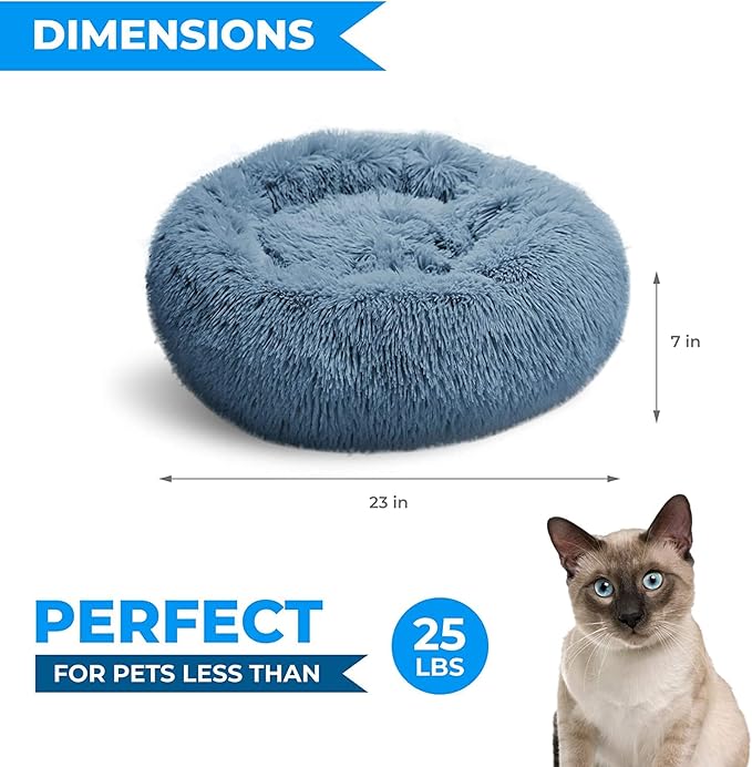 Whiskers & Friends Cat Beds for Indoor Cats, Fluffy Calming Donut Cat Bed, Small Dog Bed Washable - Orthopedic Soft Plush Pet Beds Sized for Kitten to Large Cats & Puppy to Small Dogs - Navy Grey 23''