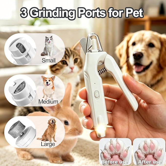 2-in-1 Dog Nail Grinder & Dog Nail Clippers Trimmers for Large Medium Small Dogs Cats Pets Claw Trimmer with LED Lights (White)