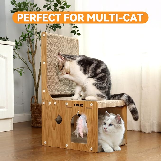 LIFLIX L-Shaped Double-Layer cat Scratching Board, Cardboard cat Scratching Post with Toys, Cat Scratcher & Hideaway for Indoor Cats to Scratch, Rest and Play