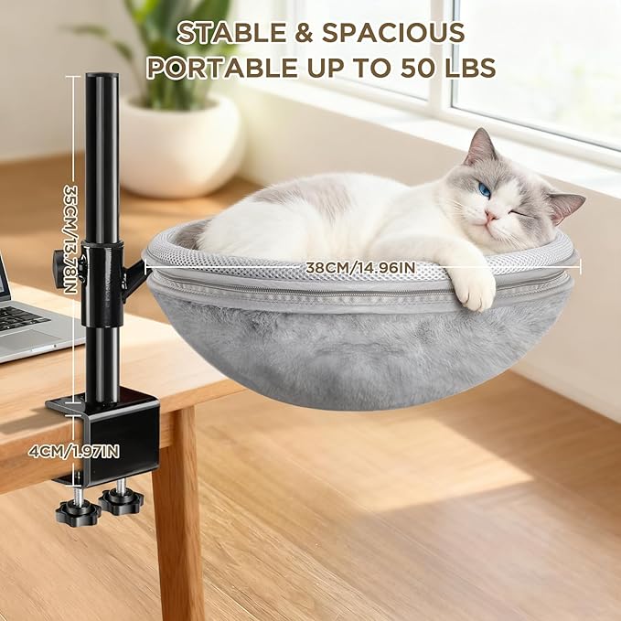 Cat Bed for Desk, Cat Desk Bed with 360° Rotating & Height Adjustable, Removable Dual-Sided Breathable & Comfortable Kitten Bed, Desk Cats Bed Attachment for Indoor Office