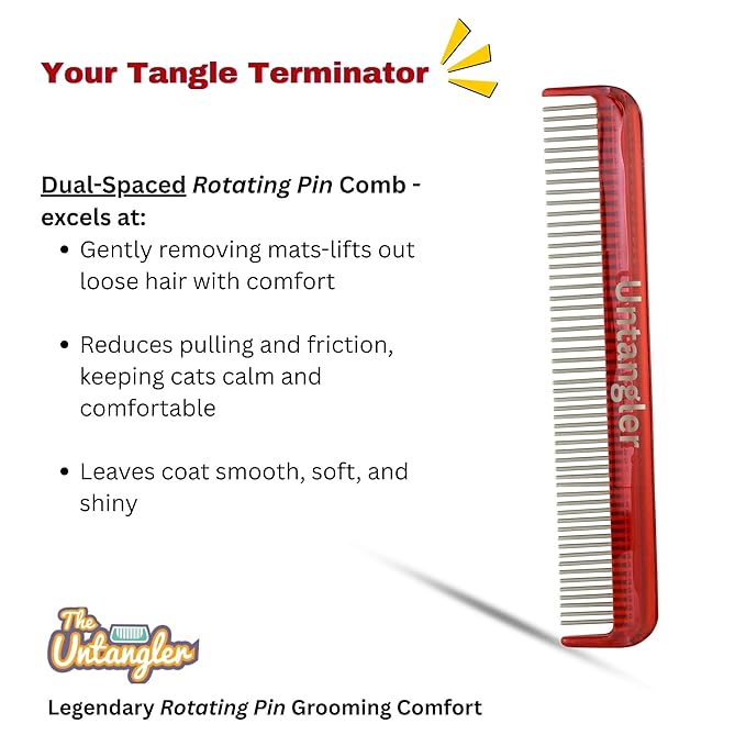 Cat Comb, 7 inch, Ferrari Red - Silky Smooth Rotating Teeth for Gently Detangling Matted Cat Hair, Stainless Steel, Made in USA, Vet Recommended