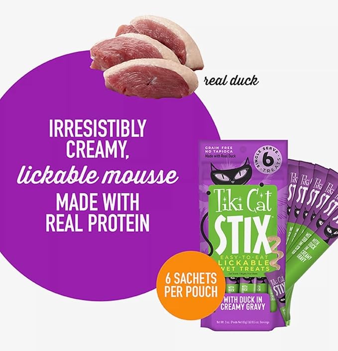 Tiki Cat Stix Wet Treats, Grain Free Lickable Smooth Mousse Blend with Duck in Creamy Gravy 6 Stix in 1 Pouch (Pack of 2), Plus 1 Cat Pom Pom Balls Toy