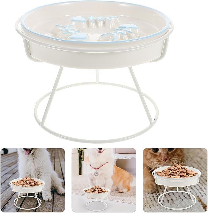Elevated Ceramic Slow Feeder Cat Bowl and Dog Water Dish with High Base Stand, Anti-Choke Slow Food Plate for Indoor Cats and Small Pets, Blue Fish Design with White Elevated Rack