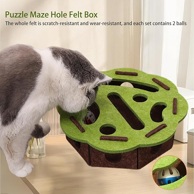 Interactive Cat Scratch Puzzle Enrichment Box – Felt Maze Toy for Indoor Cats, Self Play Scratching Hunting Mental Stimulation Toy