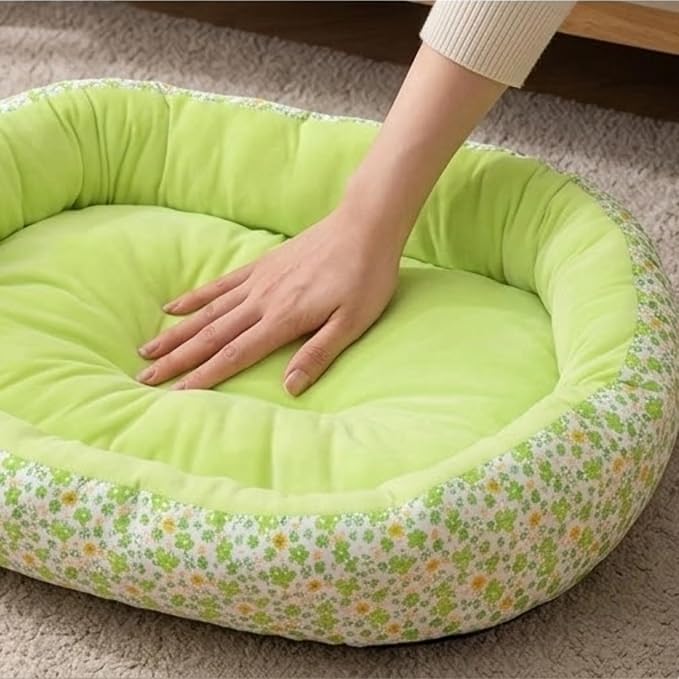 Floral Print Cat Beds for Indoor Cats Cozy Plush Fabric, Supportive Raised Sides, Non-Slip Bottom Washable Mat for Small Medium Pet Puppy Dog (Green,Large)