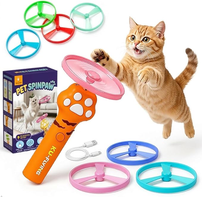 Cat Fetch Toy | One-Touch Automatic Launcher | Up to 20m Range | 6 Flying Discs | USB-C Rechargeable | No Winding Needed | Interactive Indoor Outdoor Cat Toy