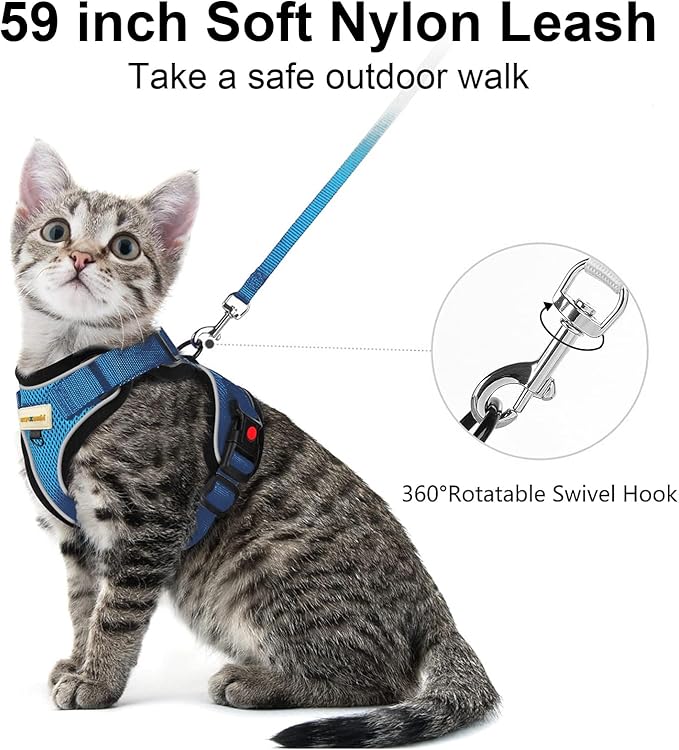 MingXpets Cat Harness and Leash for Walking, Retractable Cat Harnesses and Leash Set Escape Proof, Breathable Soft Kitten Small Large Harness for Travel Training and Walking, Blue, M