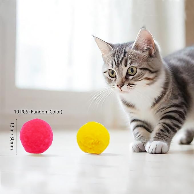 Cat Toy Balls, Cat Pompom Toys for Training and Play, Premium Soft Pom Pom Balls, Lightweight, Interactive, Assorted Colors, Craft DIY Decorations, (10PCS & 1.9Inches)