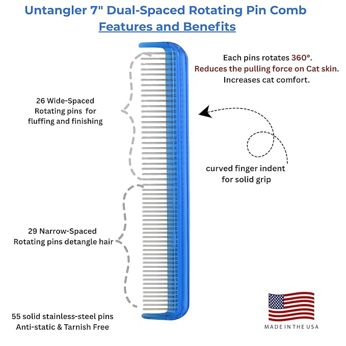 Cat Comb - 7" Dual-Spaced Rotating Teeth Comb, Blue - Stimulates Natural Oil Production, Prevents Static Build Up, Made in USA, Vet Recommended, Hand Assembled