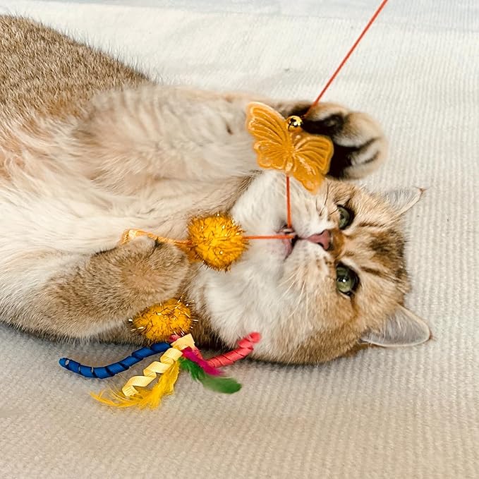 Cat Wand Toys, 3 PCS Vibrant Cat Teaser Wands with Butterfly, Pompom - Elastic Cord Feather Wands Cute Interactive Kitten Toy